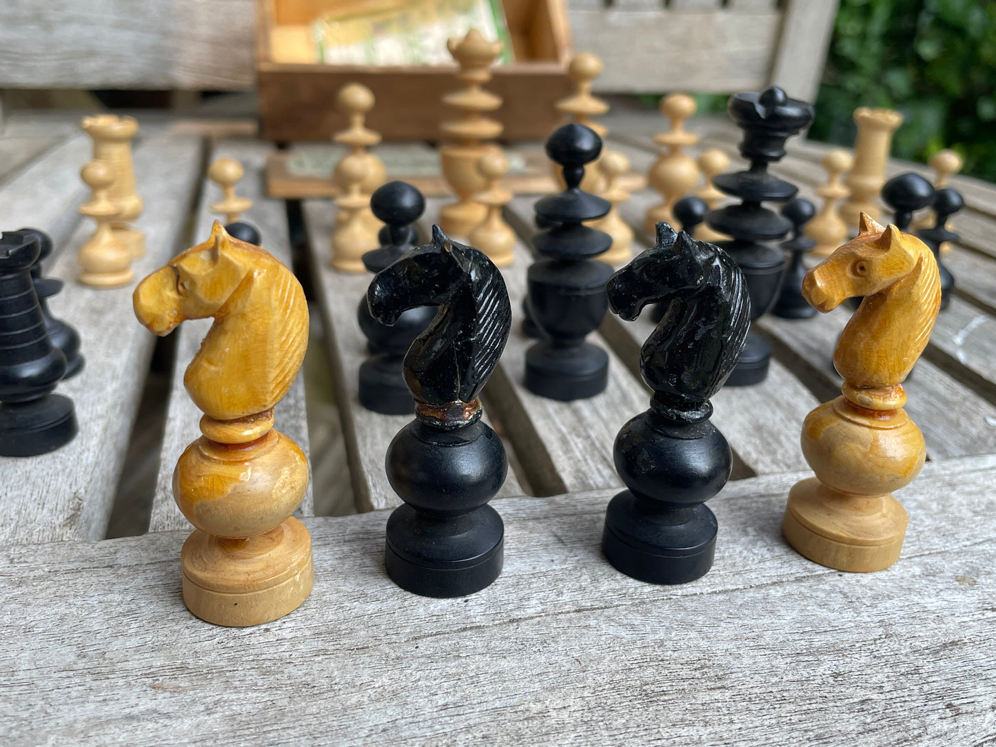 Antique Victorian “The Royal Box of Chessmen” Set – Early Jaques Style Northern Upright – Turned Boxwood & Ebony Finish, c.1900