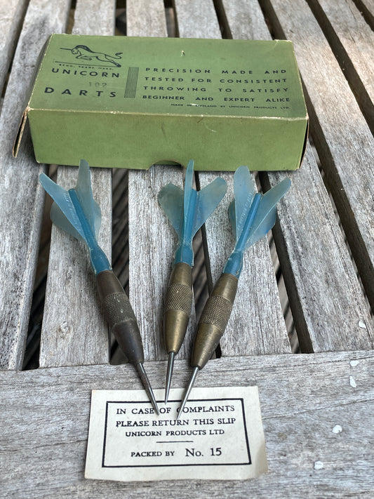 Vintage Unicorn Darts Set | 1950s Brass Uniplume Darts in Original Box | Made in England | Collectible Bar Game Gift