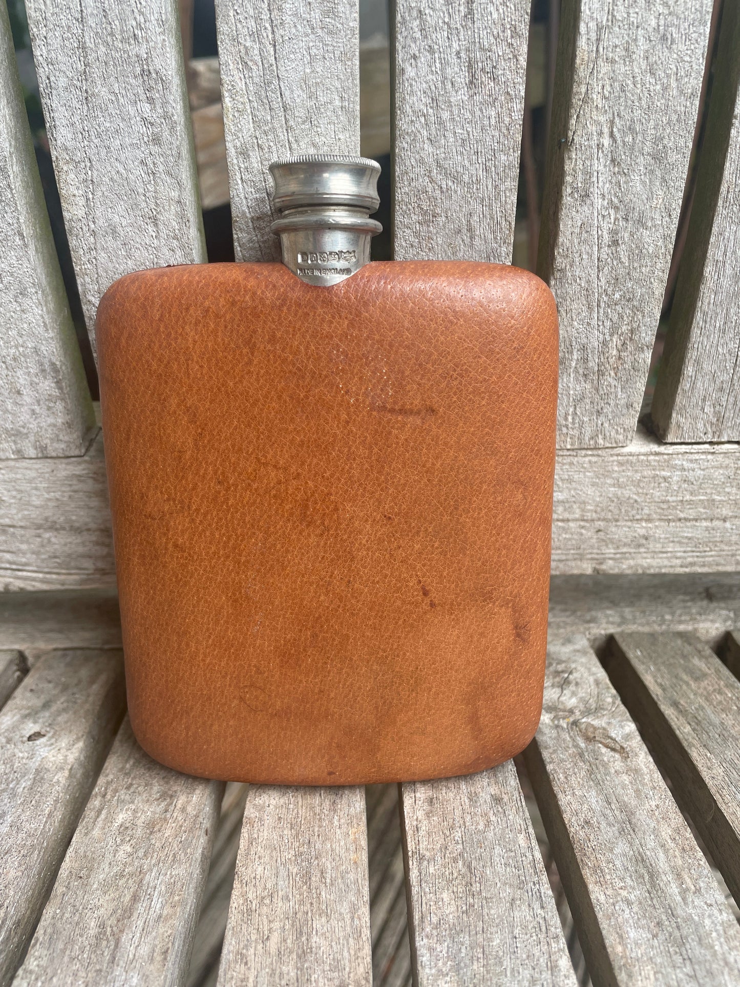 Vintage English Hip Flask – James Dixon & Sons – Electroplated Cap – Leather Clad – Sheffield – 264g – c.1920s–40s