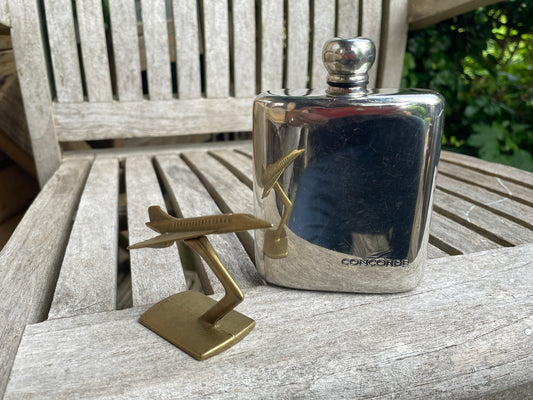 British Airways Concorde Gift Set – Chrome Hip Flask & Brass Desk Model, Vintage 1980s Promotional Items