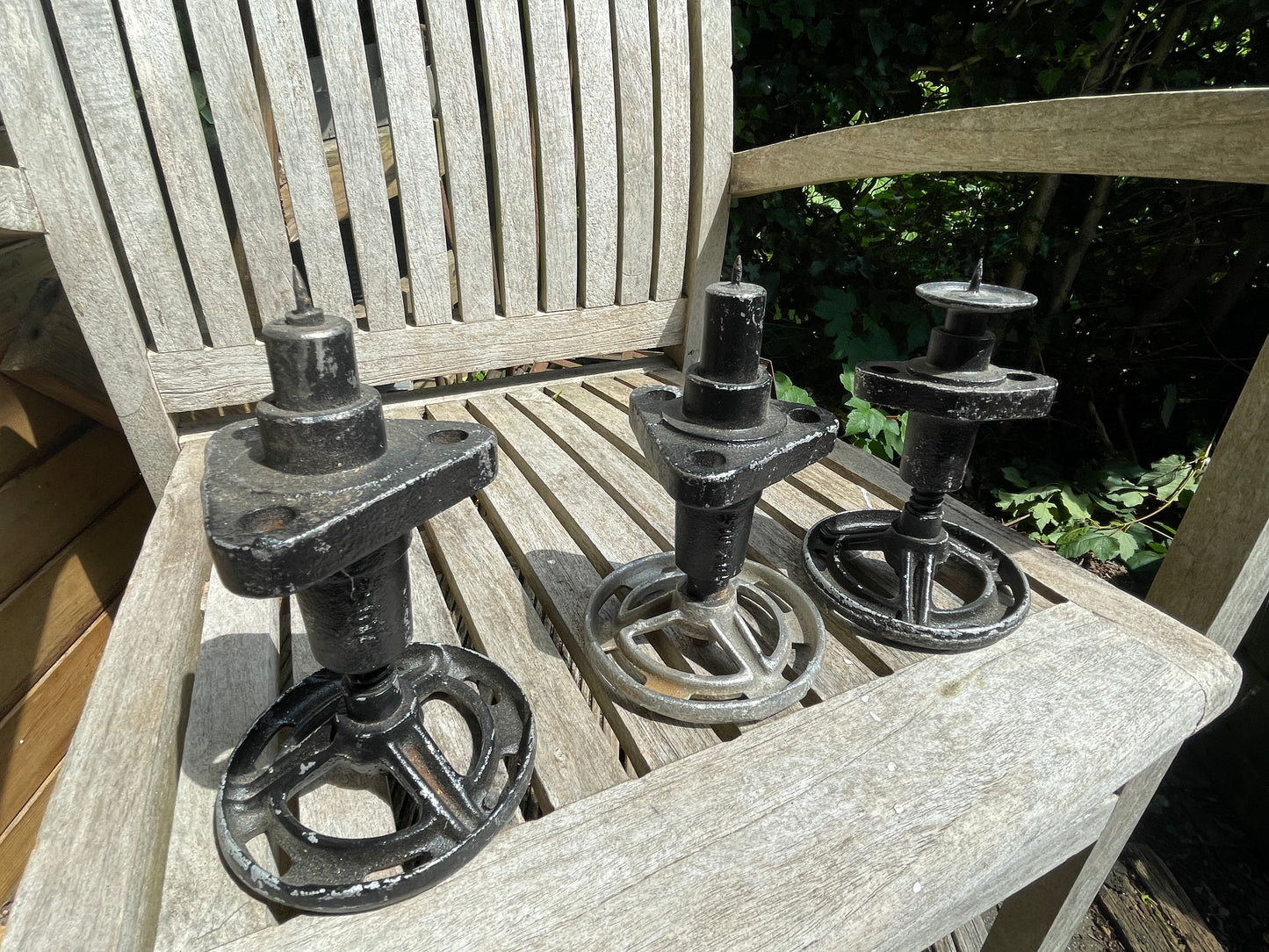 Industrial Metal Wheel Candle Holders – Set of 3 Rustic Valve Handle Candlesticks (set 1) – Upcycled Factory Style Home Decor