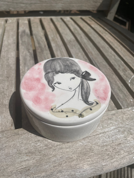 Vintage Handmade Maltese Ceramic Trinket Box – Hand-Painted Mod Girl Illustration – Mid Century Style Lidded Pot
