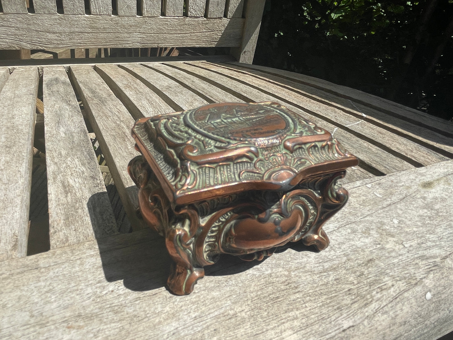 Antique Copper Relief Trinket Box – Lucerne & Pilatus Souvenir – Red Satin Lined Jewellery Box c1900