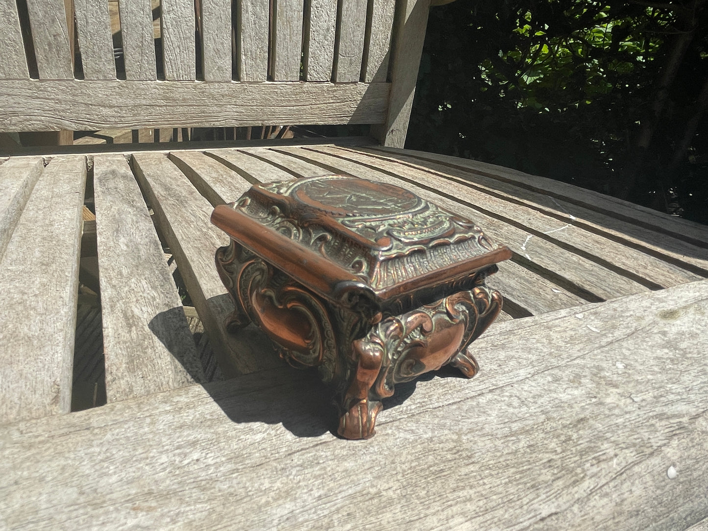 Antique Copper Relief Trinket Box – Lucerne & Pilatus Souvenir – Red Satin Lined Jewellery Box c1900