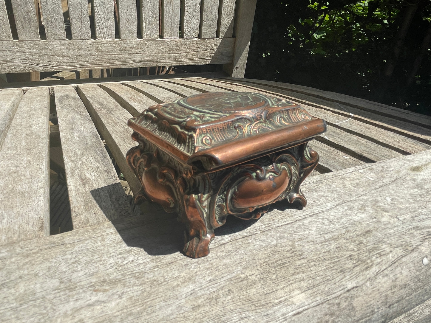 Antique Copper Relief Trinket Box – Lucerne & Pilatus Souvenir – Red Satin Lined Jewellery Box c1900
