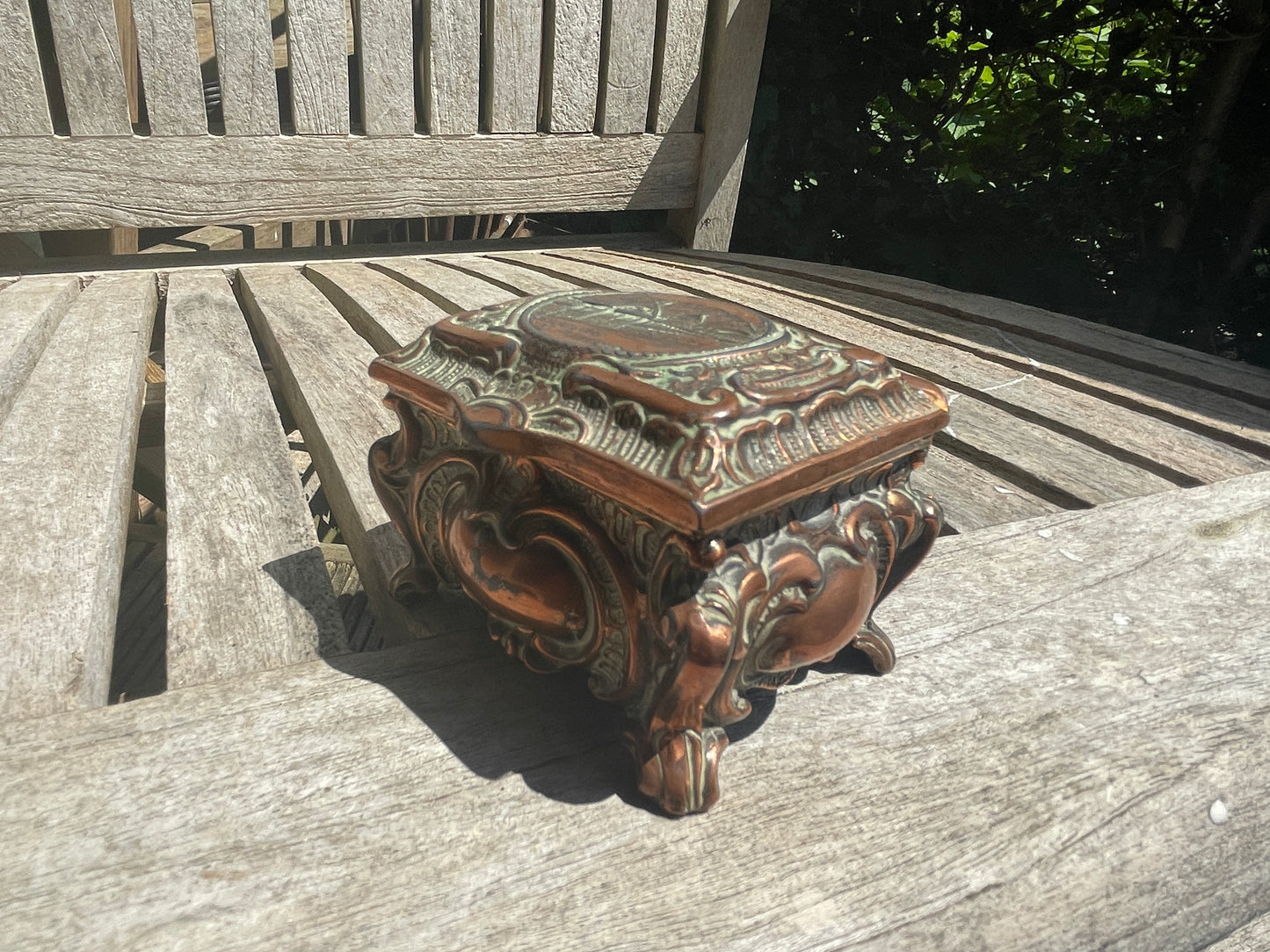 Antique Copper Relief Trinket Box – Lucerne & Pilatus Souvenir – Red Satin Lined Jewellery Box c1900