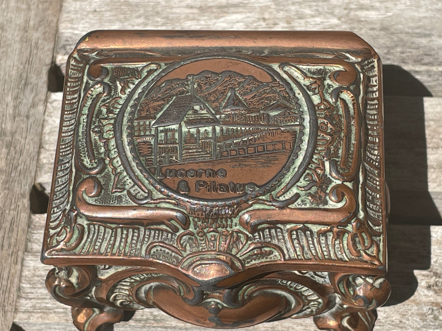 Antique Copper Relief Trinket Box – Lucerne & Pilatus Souvenir – Red Satin Lined Jewellery Box c1900
