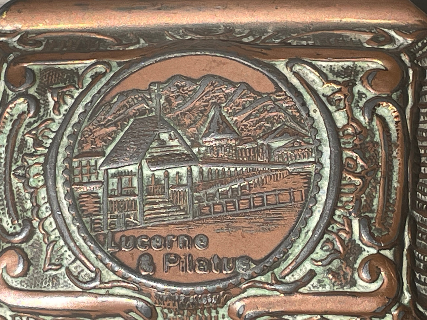 Antique Copper Relief Trinket Box – Lucerne & Pilatus Souvenir – Red Satin Lined Jewellery Box c1900