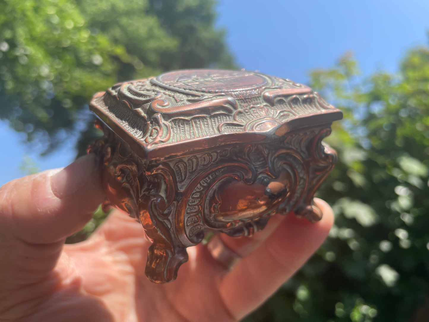 Antique Copper Relief Trinket Box – Lucerne & Pilatus Souvenir – Red Satin Lined Jewellery Box c1900