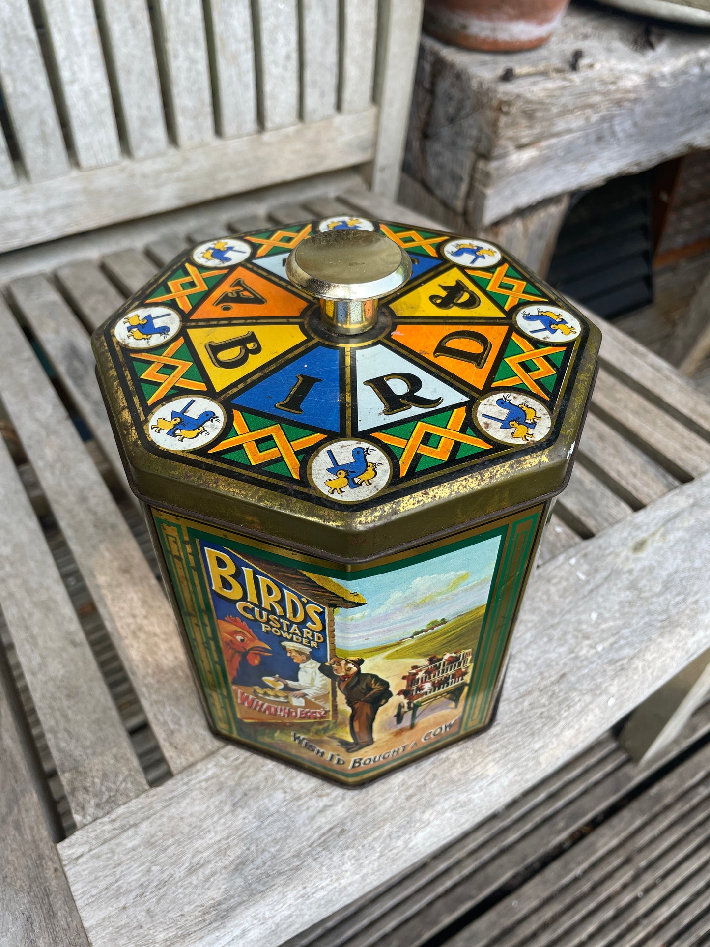 Vintage Bird’s Custard Powder Advertising Tin – Octagonal Collectible Storage Canister with Retro Graphics