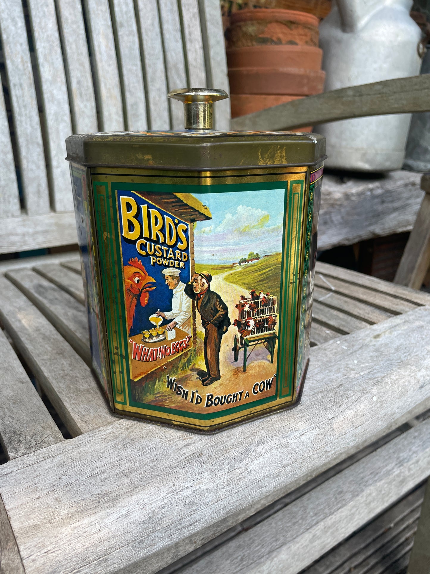 Vintage Bird’s Custard Powder Advertising Tin – Octagonal Collectible Storage Canister with Retro Graphics