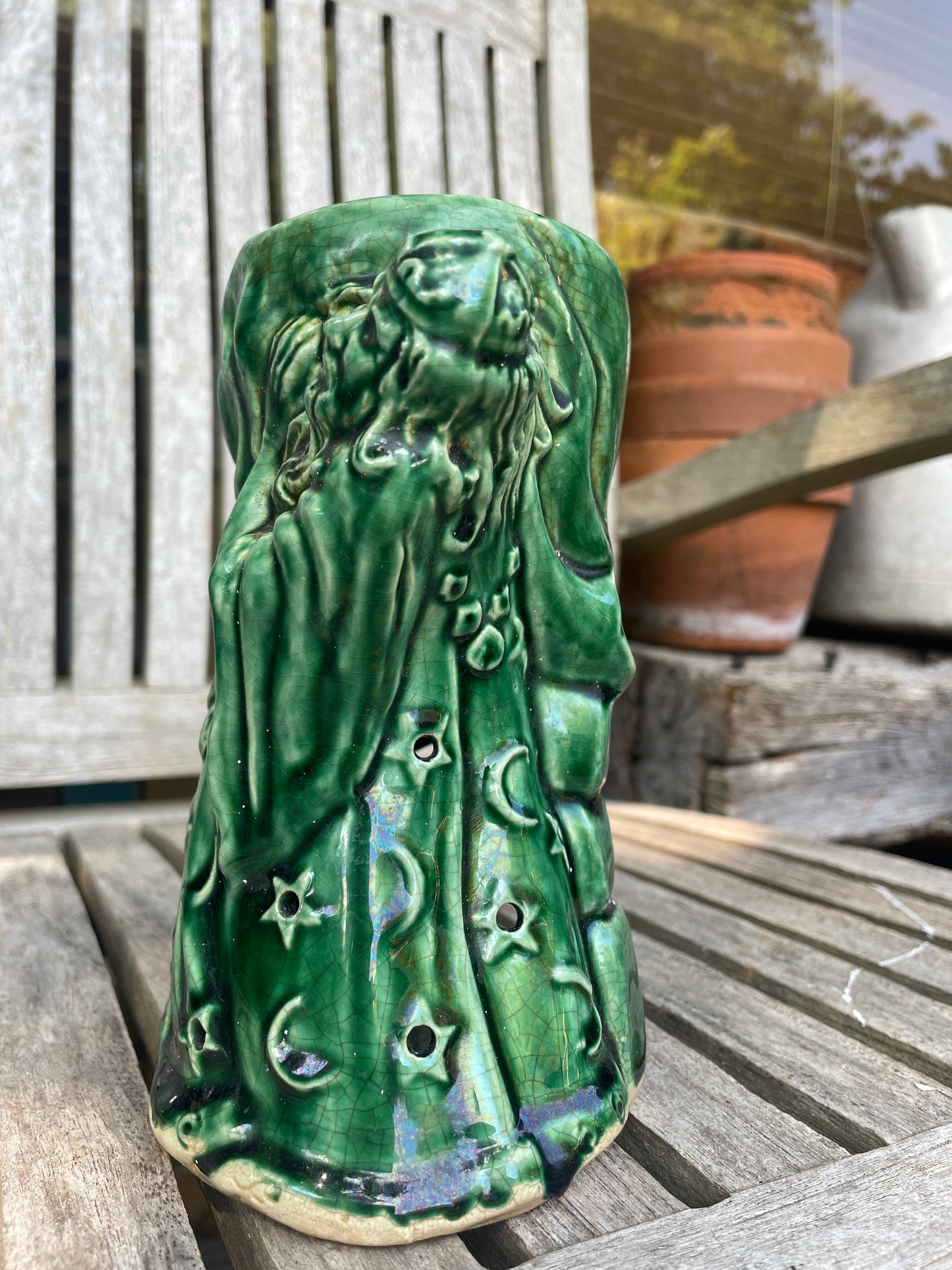 Vintage Green Glazed Wizard Oil Burner | 17cm Ceramic Luminary with Star & Moon Cloak | Mystical Sorcerer Candle Holder