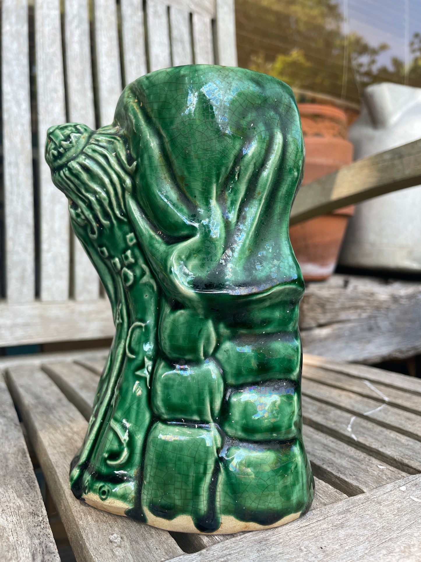 Vintage Green Glazed Wizard Oil Burner | 17cm Ceramic Luminary with Star & Moon Cloak | Mystical Sorcerer Candle Holder