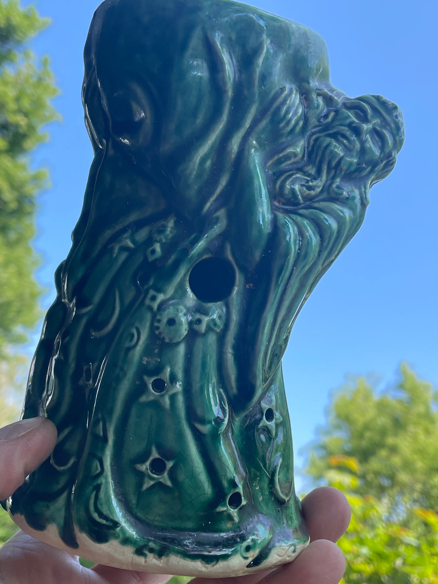 Vintage Green Glazed Wizard Oil Burner | 17cm Ceramic Luminary with Star & Moon Cloak | Mystical Sorcerer Candle Holder