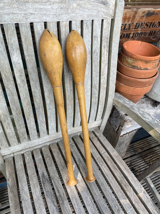 Pair of Vintage Wooden Indian Clubs – 50cm Antique Exercise Pins, Gym Decor or Display