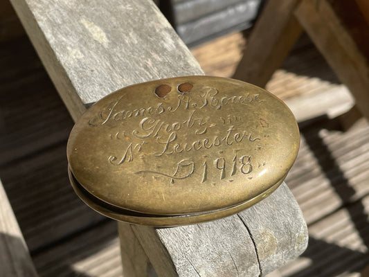 Rare 1918 Antique Brass Snuff Box James Rouse Shelton Leicester Portrait Engraved Tobacciana Victorian