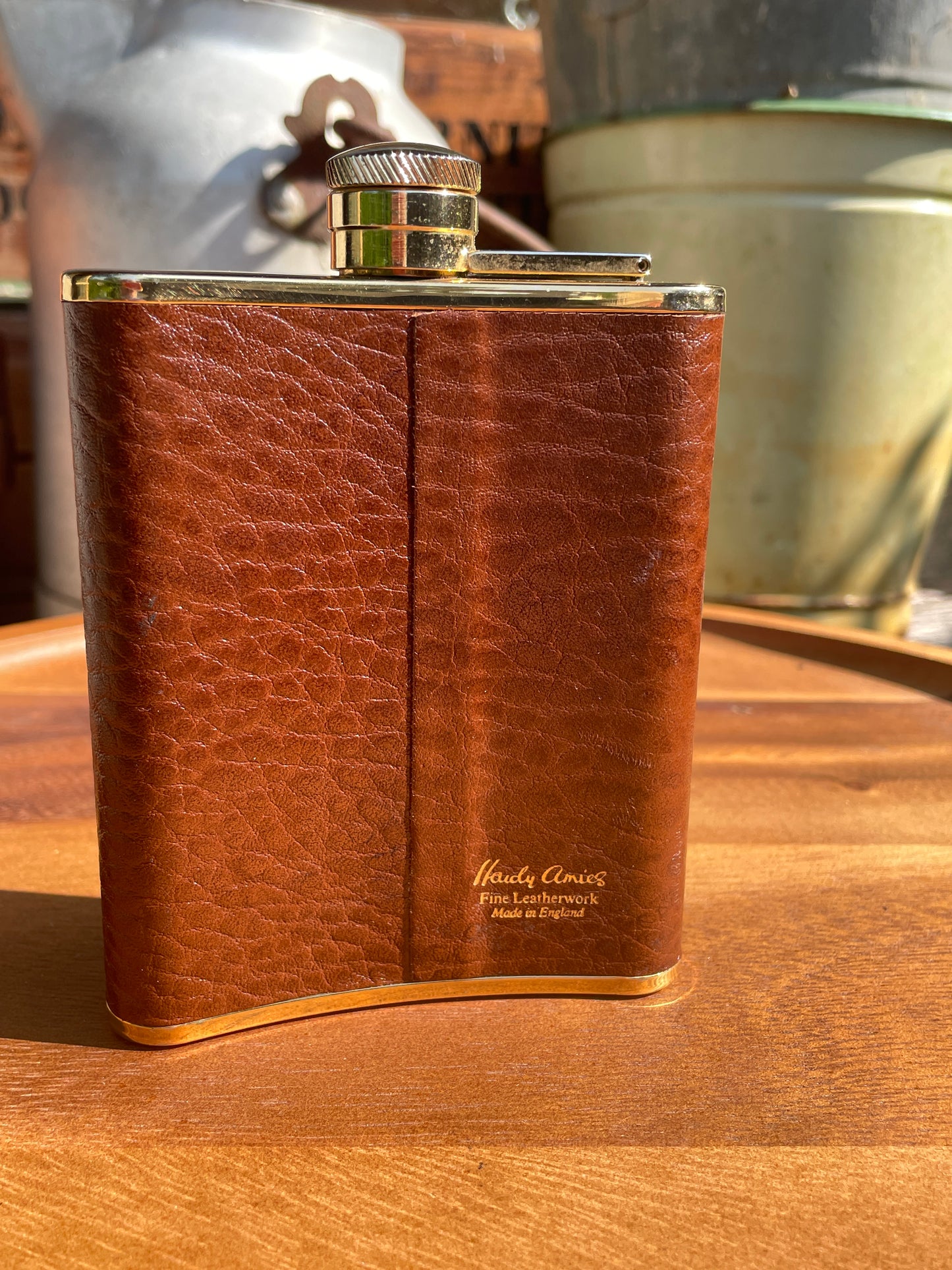 Vintage Hardy Amies Gold Plated Leather Hip Flask – 6oz – Made in England – Fine Gentleman's Gift