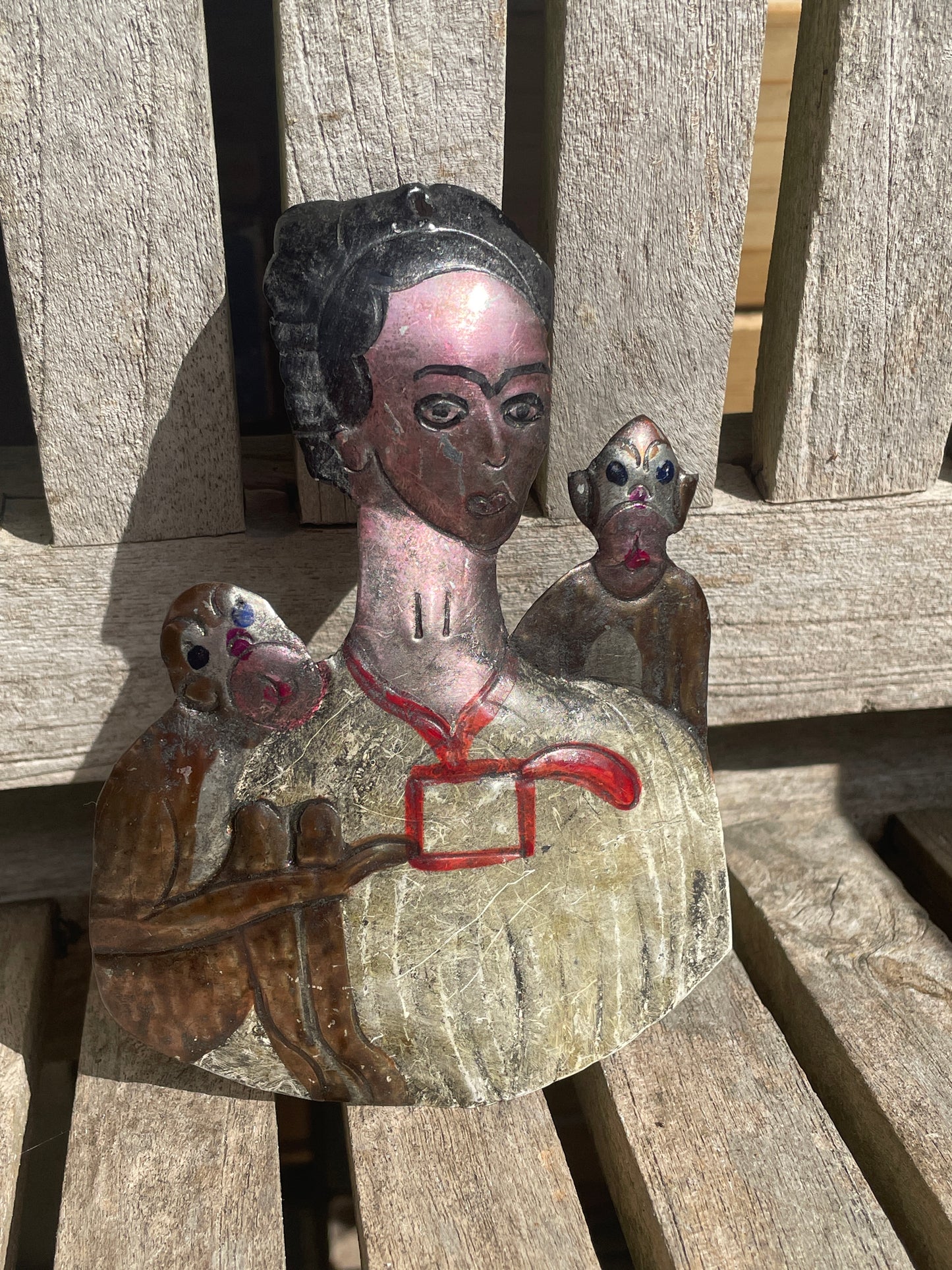 Mexican Tin Retablo of Frida Kahlo with Monkeys – Hand-Painted Folk Art