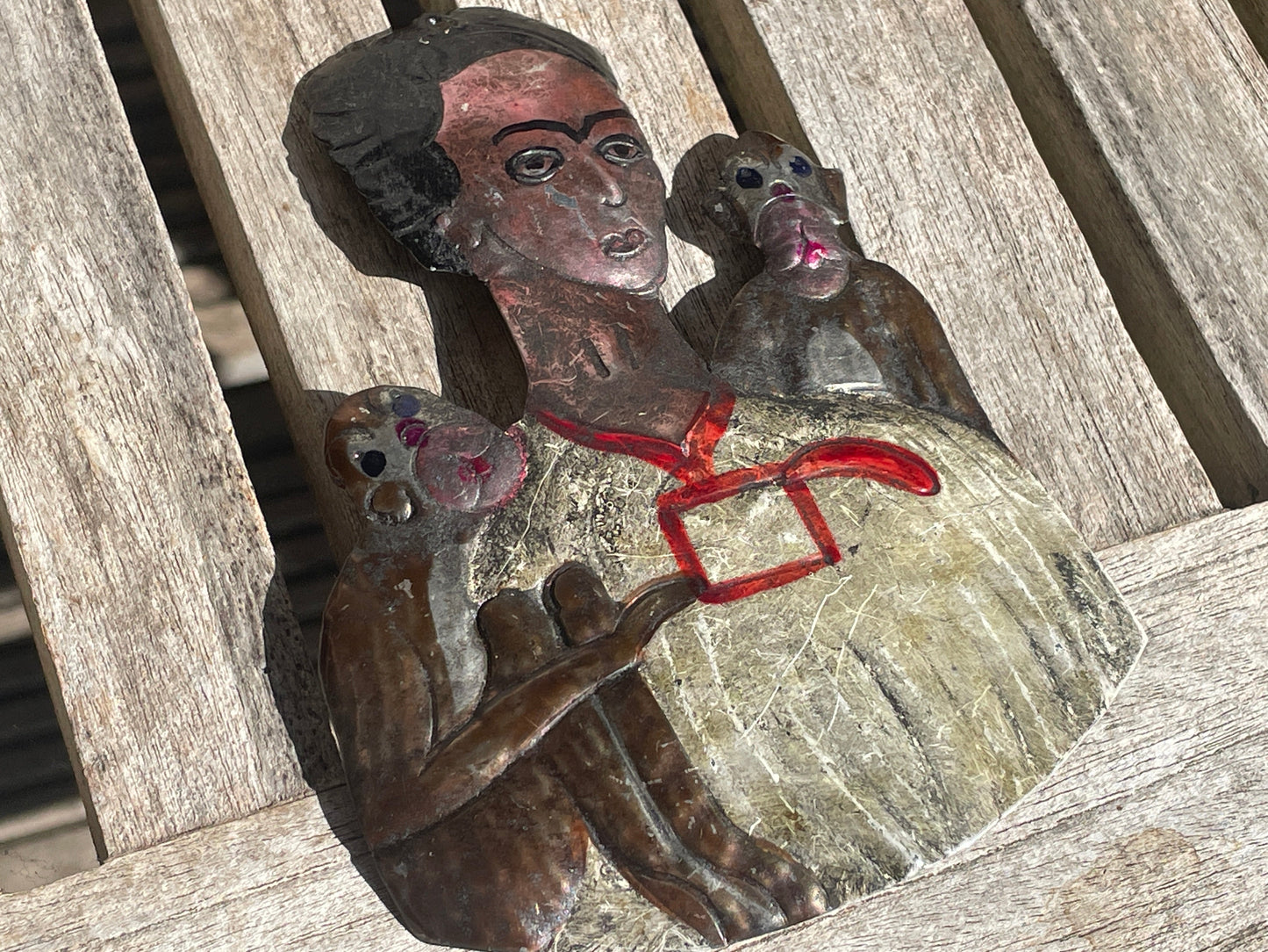 Mexican Tin Retablo of Frida Kahlo with Monkeys – Hand-Painted Folk Art