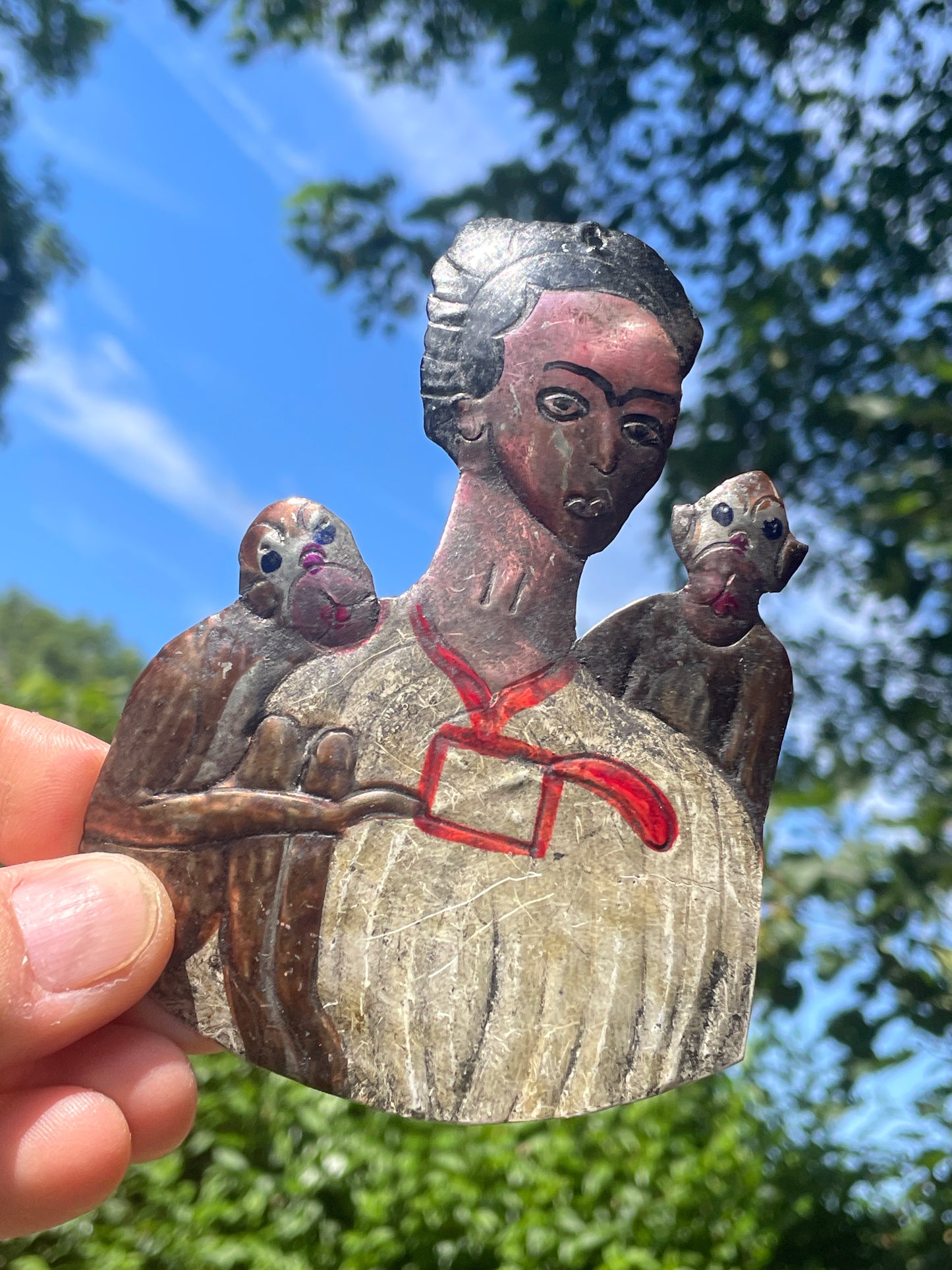Mexican Tin Retablo of Frida Kahlo with Monkeys – Hand-Painted Folk Art