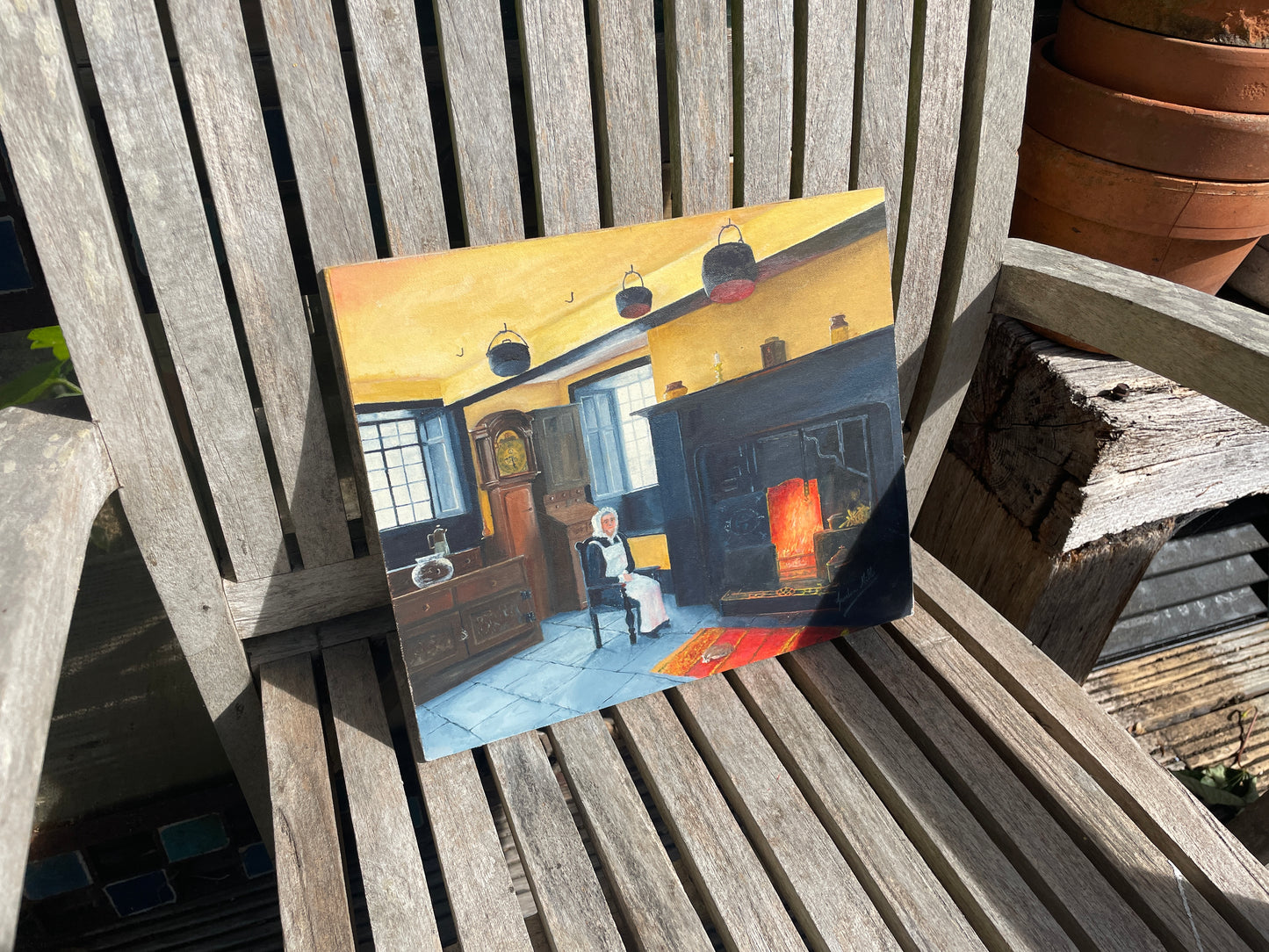 Vintage Oil Painting Rustic Fireplace Scene Signed Gordon Mills Interior