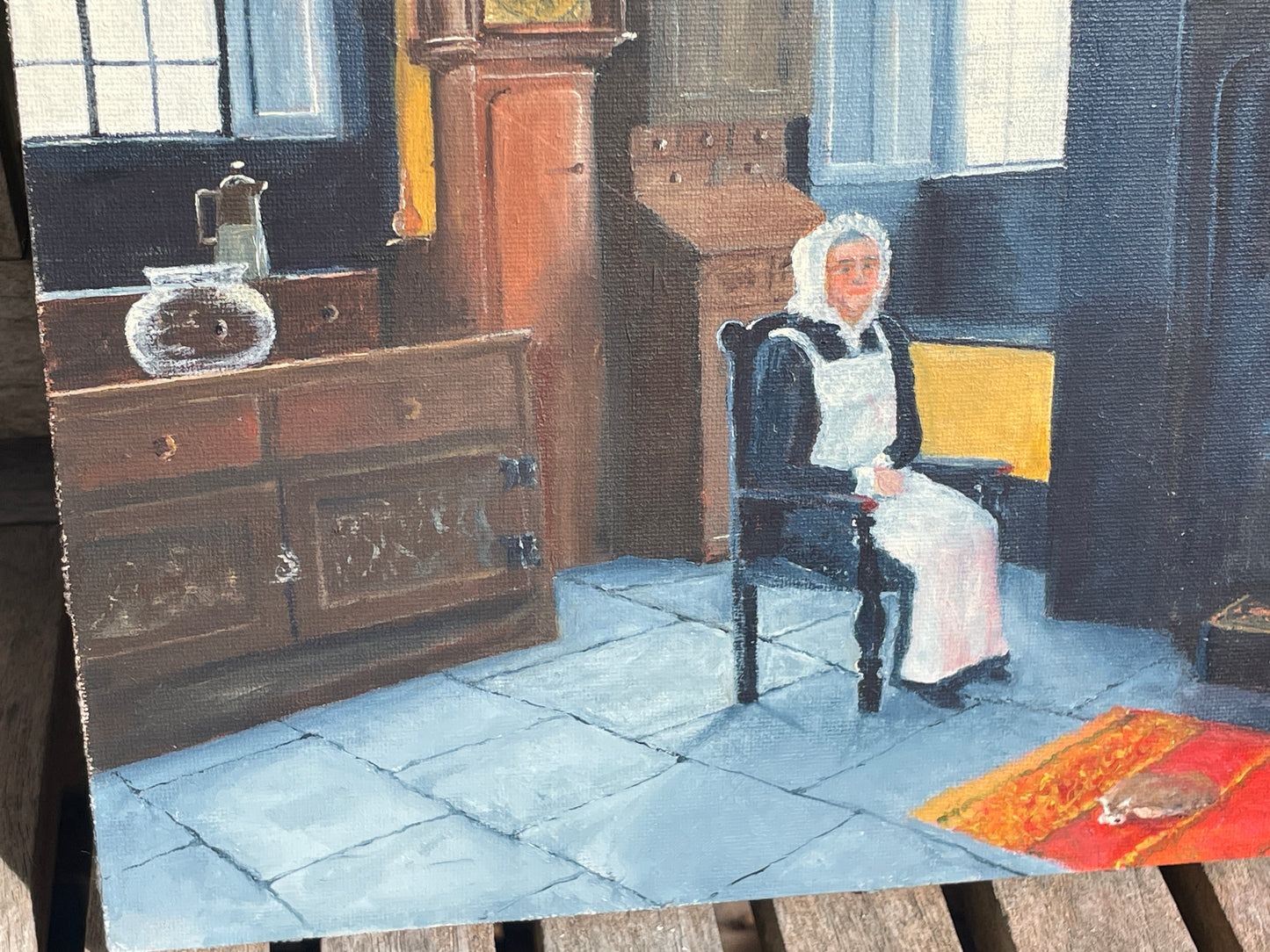 Vintage Oil Painting Rustic Fireplace Scene Signed Gordon Mills Interior