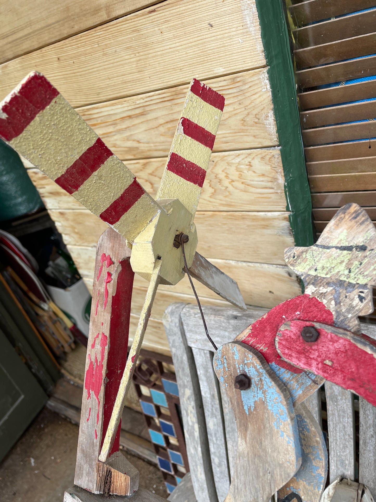 Antique American folk art whirligig man chopping wood wind spinner c1920's needing restoration