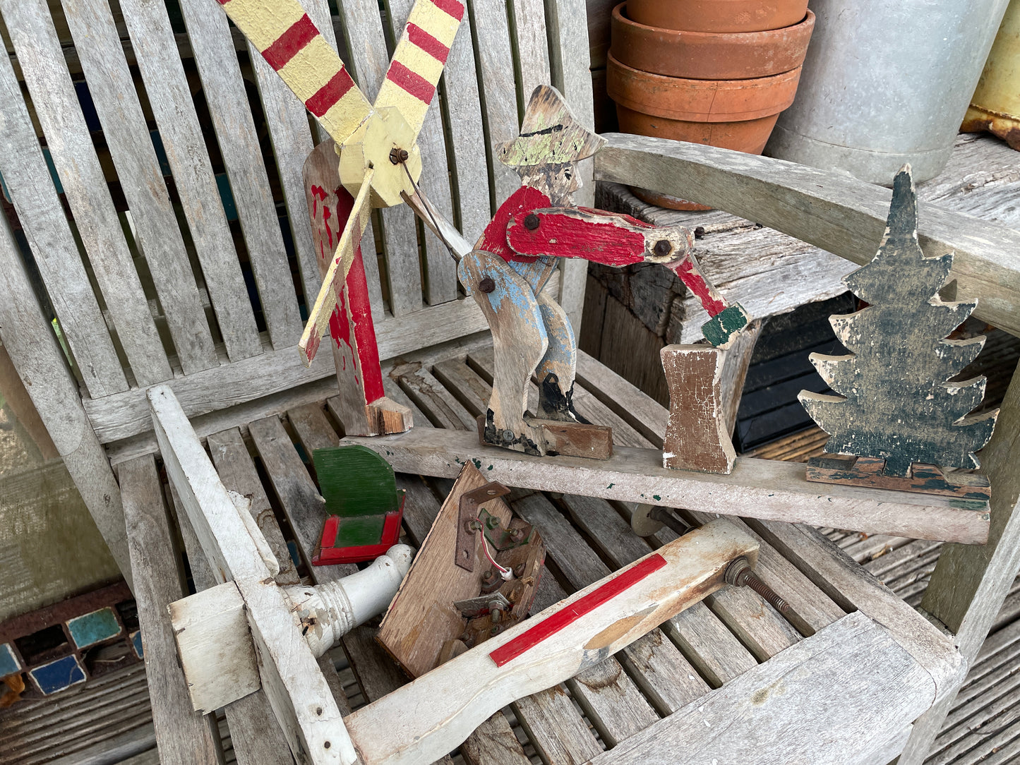 Antique American folk art whirligig man chopping wood wind spinner c1920's needing restoration