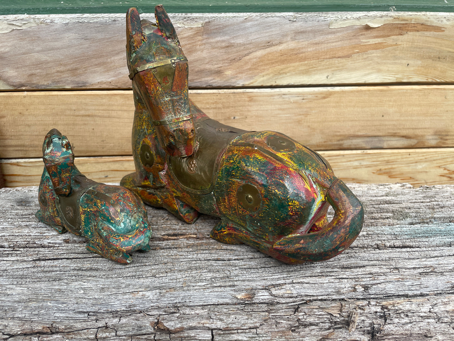 Indian Mother and foal antiqued hand carved figures