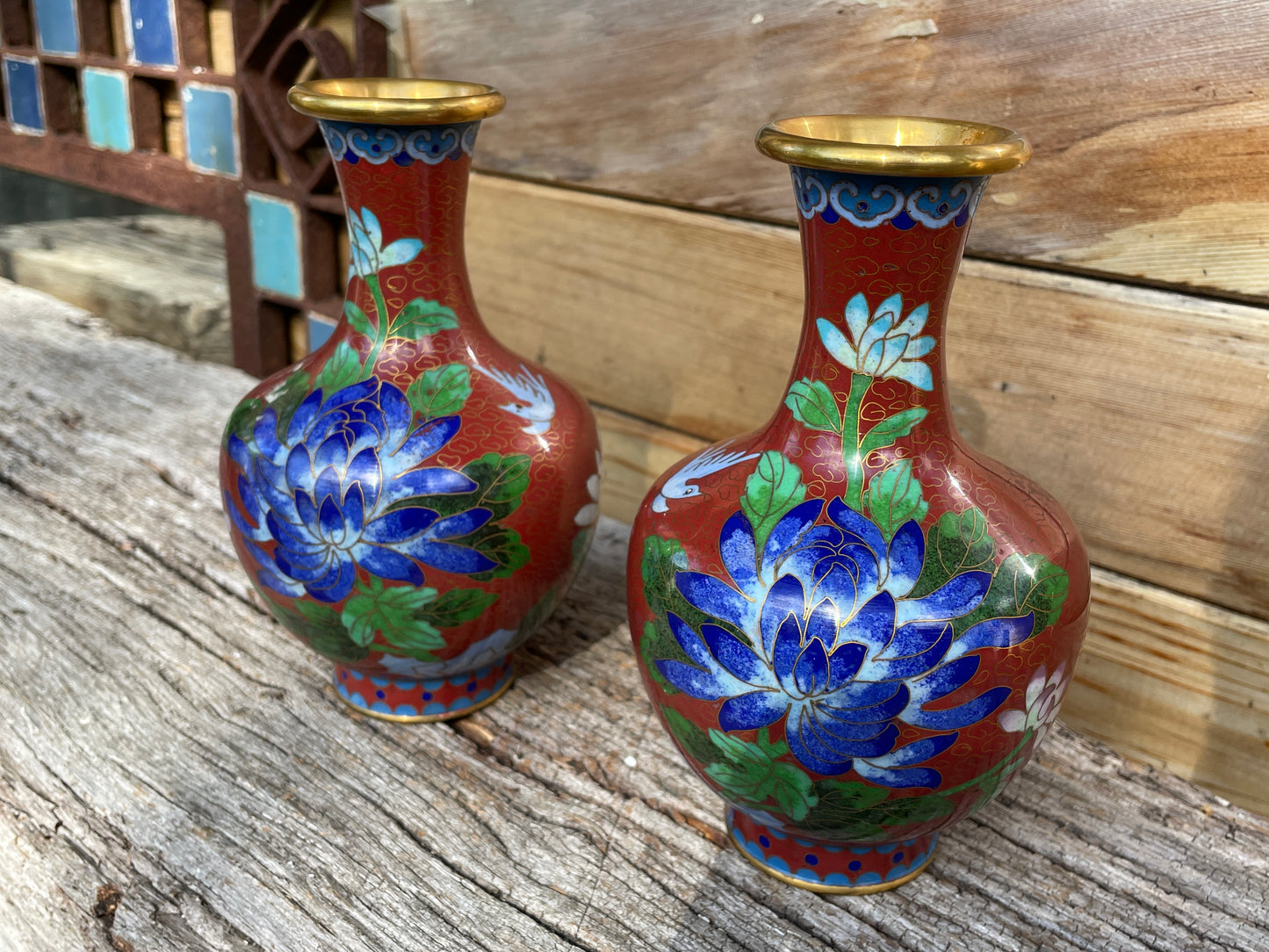 Pair of Cloisonne Chinese floral and bird design vases 16cm tall