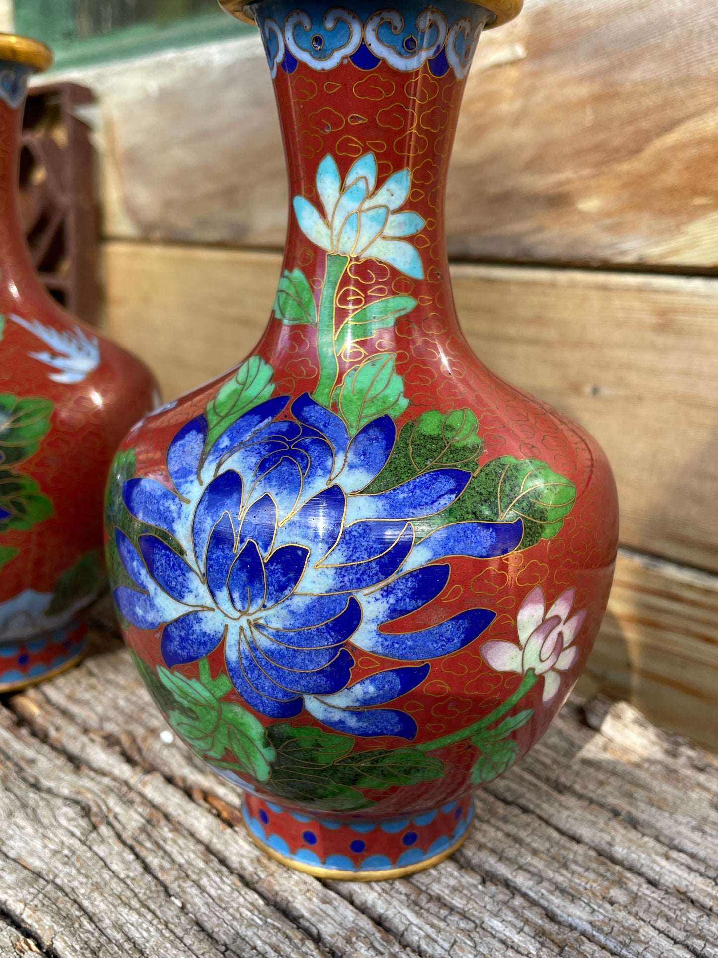 Pair of Cloisonne Chinese floral and bird design vases 16cm tall
