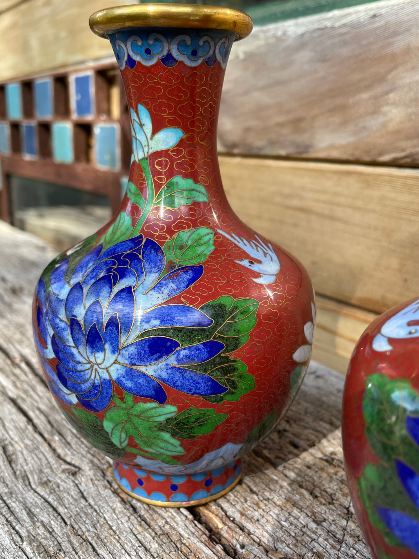 Pair of Cloisonne Chinese floral and bird design vases 16cm tall