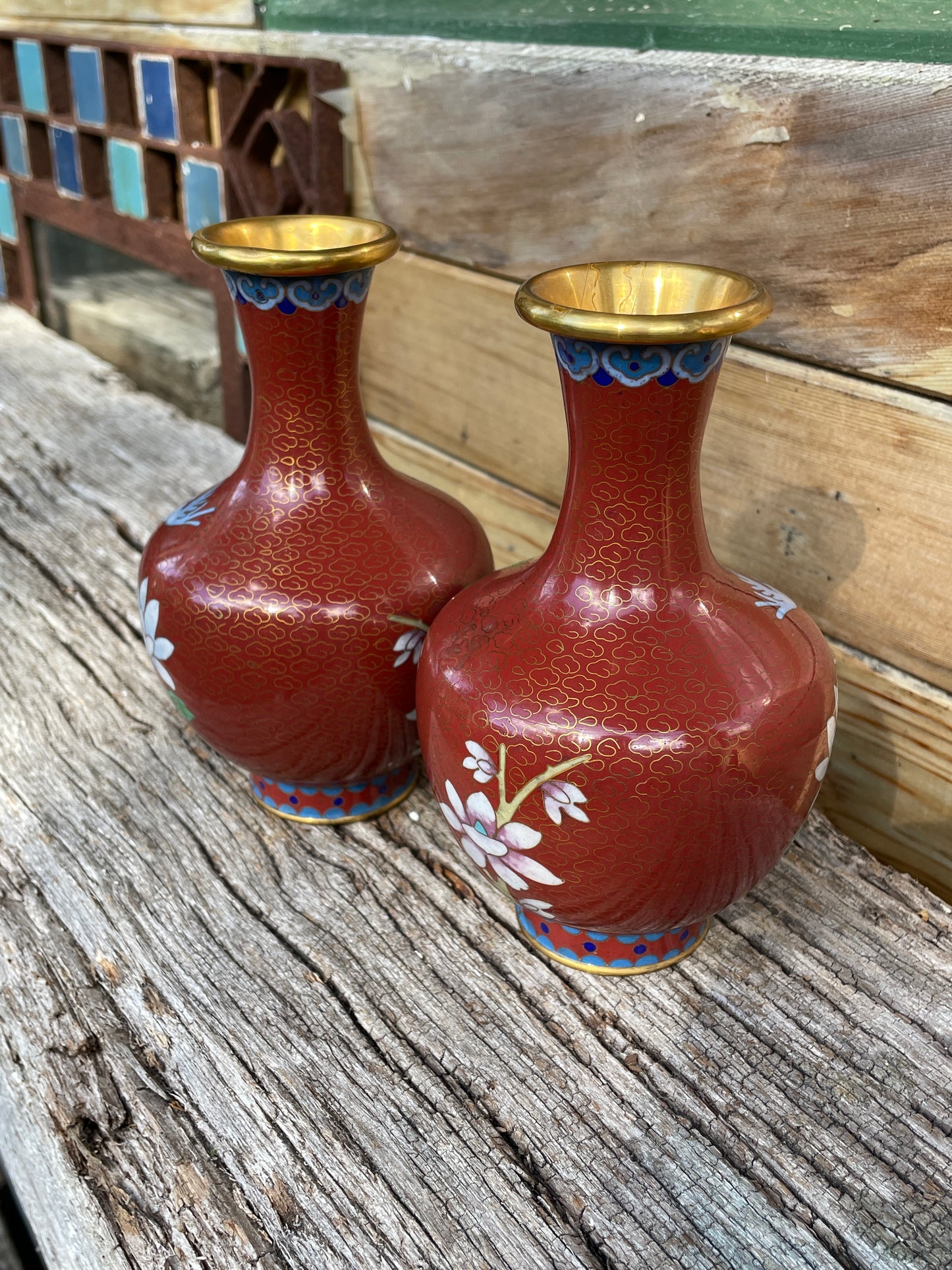 Pair of Cloisonne Chinese floral and bird design vases 16cm tall