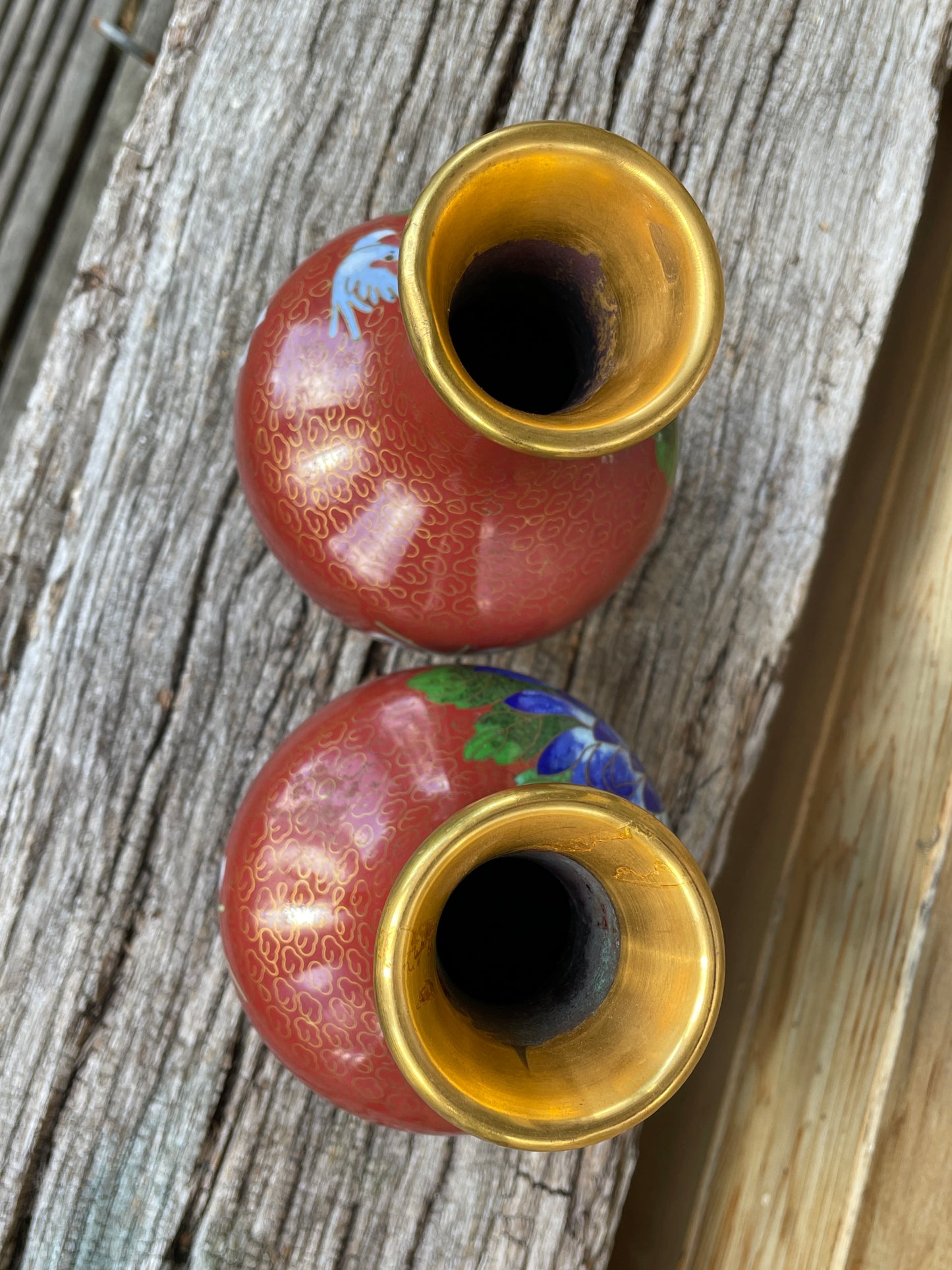 Pair of Cloisonne Chinese floral and bird design vases 16cm tall