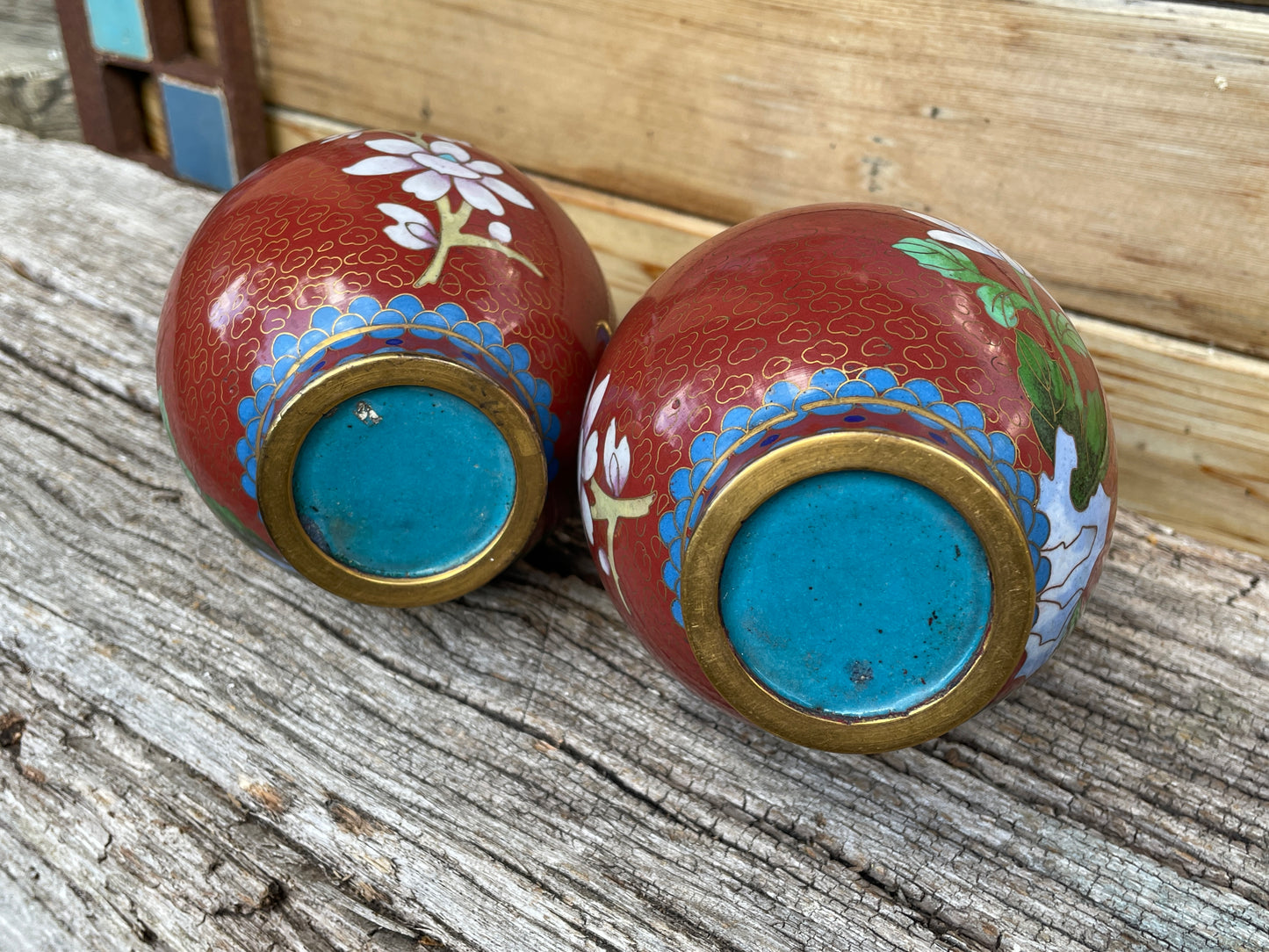 Pair of Cloisonne Chinese floral and bird design vases 16cm tall
