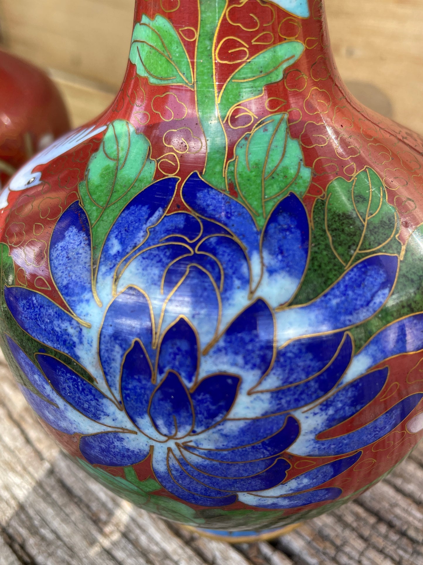 Pair of Cloisonne Chinese floral and bird design vases 16cm tall