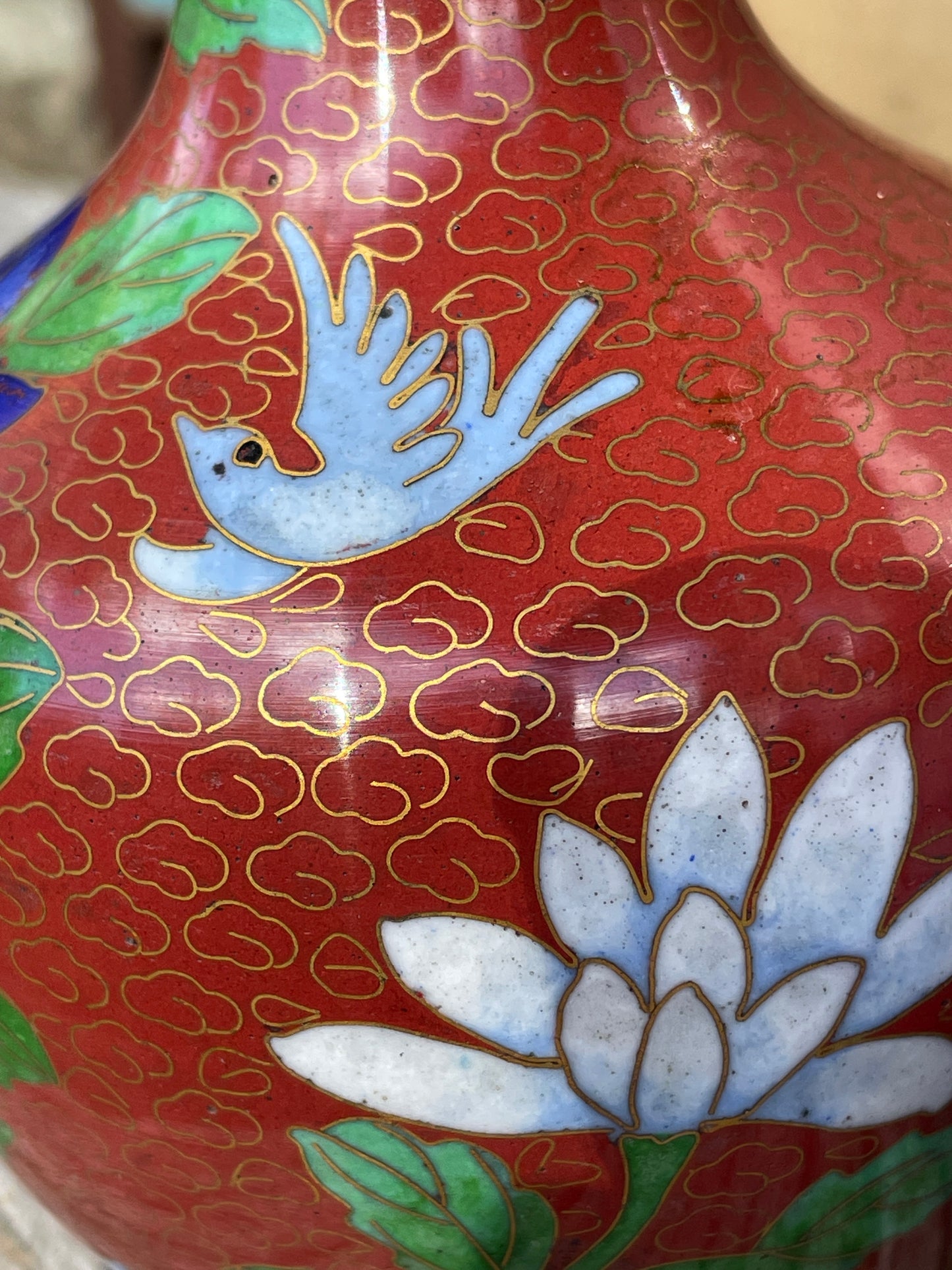 Pair of Cloisonne Chinese floral and bird design vases 16cm tall