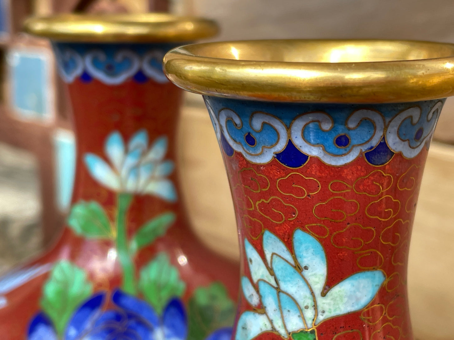 Pair of Cloisonne Chinese floral and bird design vases 16cm tall
