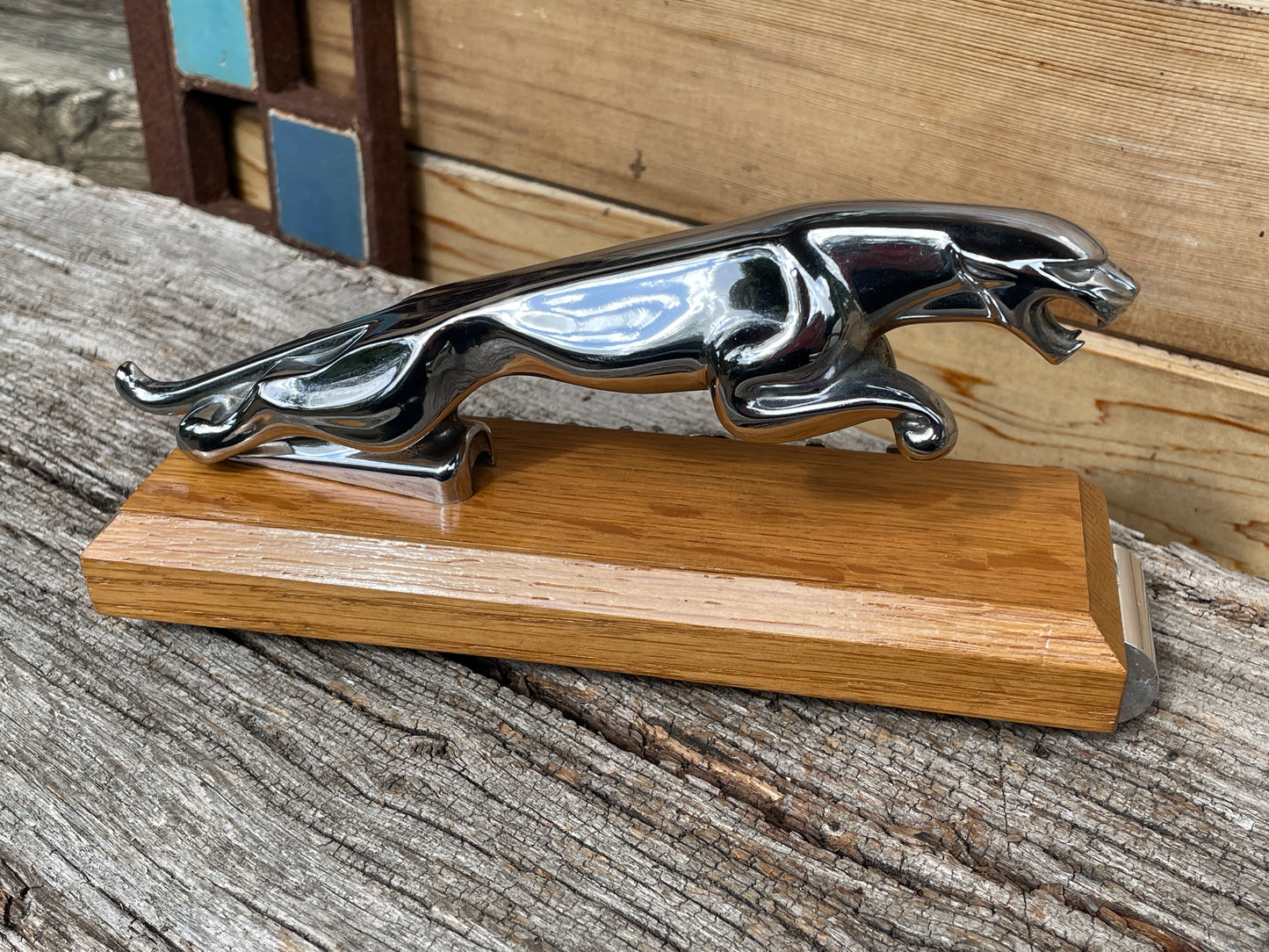 Original Wilmot Breedon Jaguar car mascot - mounted on oak plinth c1955