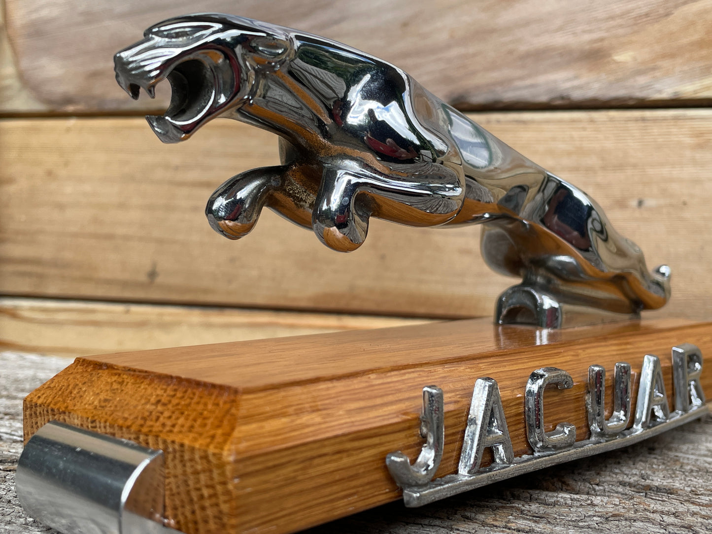 Original Wilmot Breedon Jaguar car mascot - mounted on oak plinth c1955
