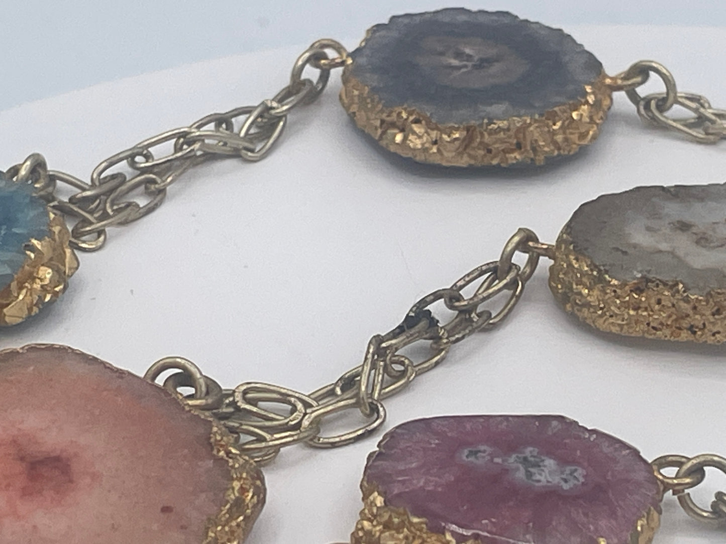 Long Multicoloured Solar Quartz Slice Statement Necklace Gold Tone Chain 120cm
