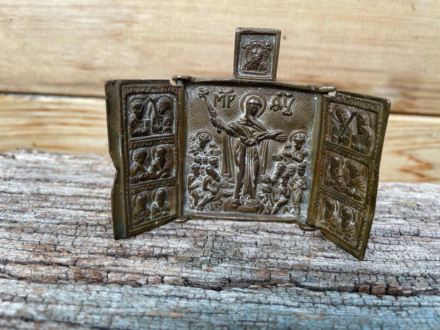 Antique hand forged religious Jesus tryptic brass icon