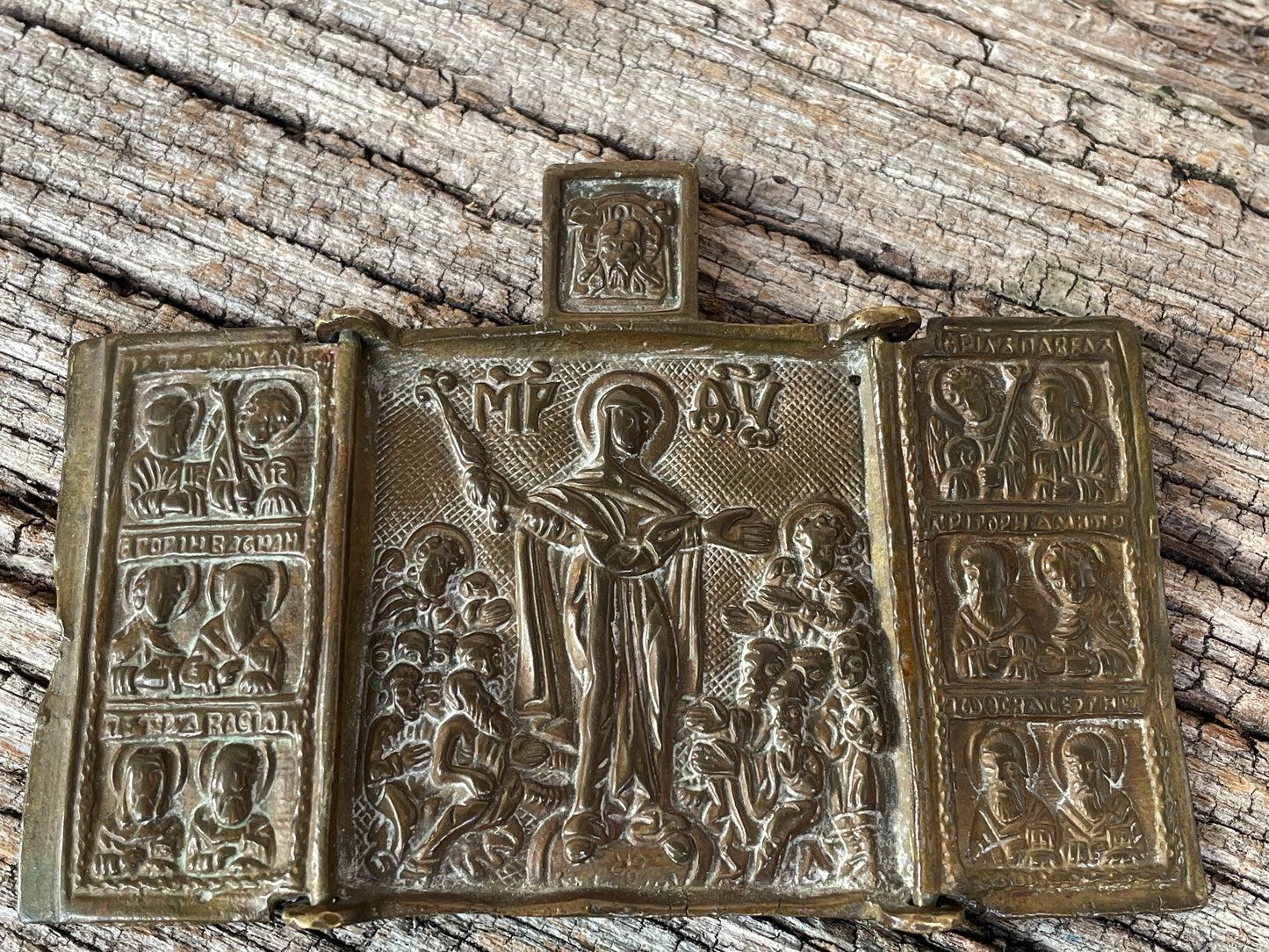 Antique hand forged religious Jesus tryptic brass icon