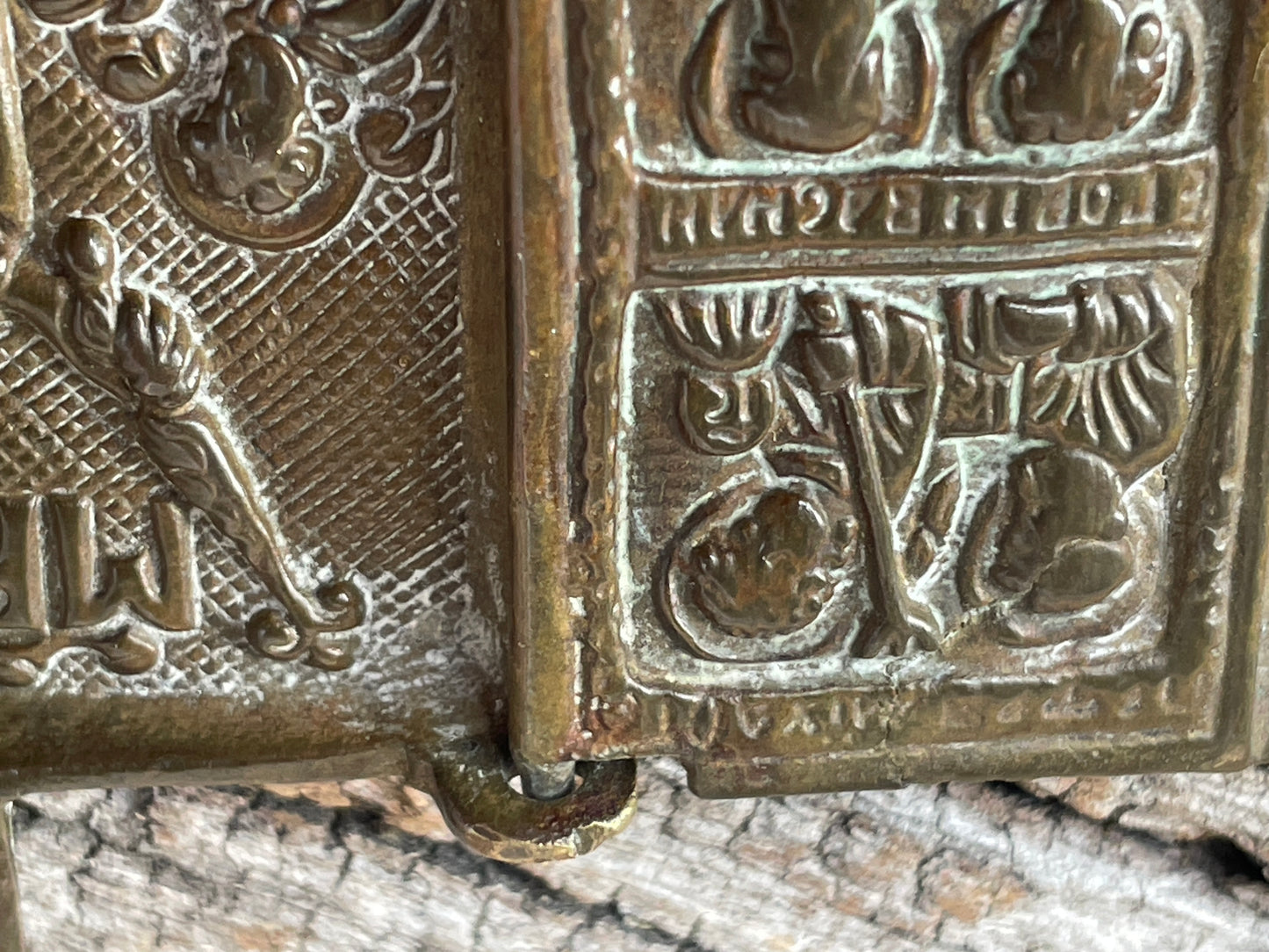 Antique hand forged religious Jesus tryptic brass icon