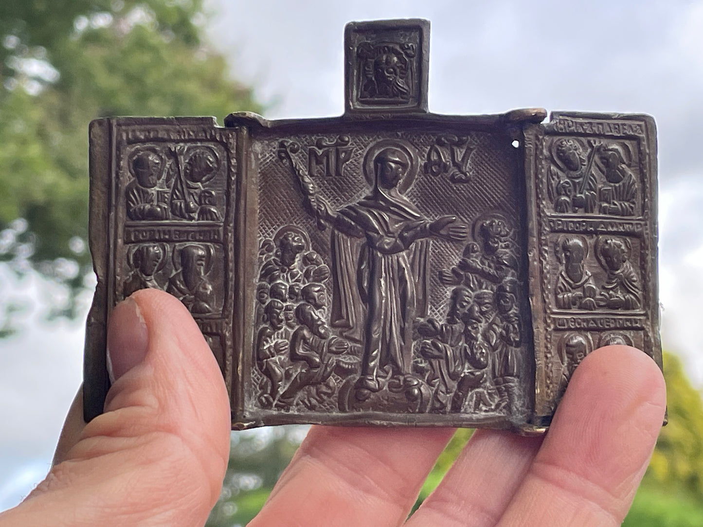 Antique hand forged religious Jesus tryptic brass icon