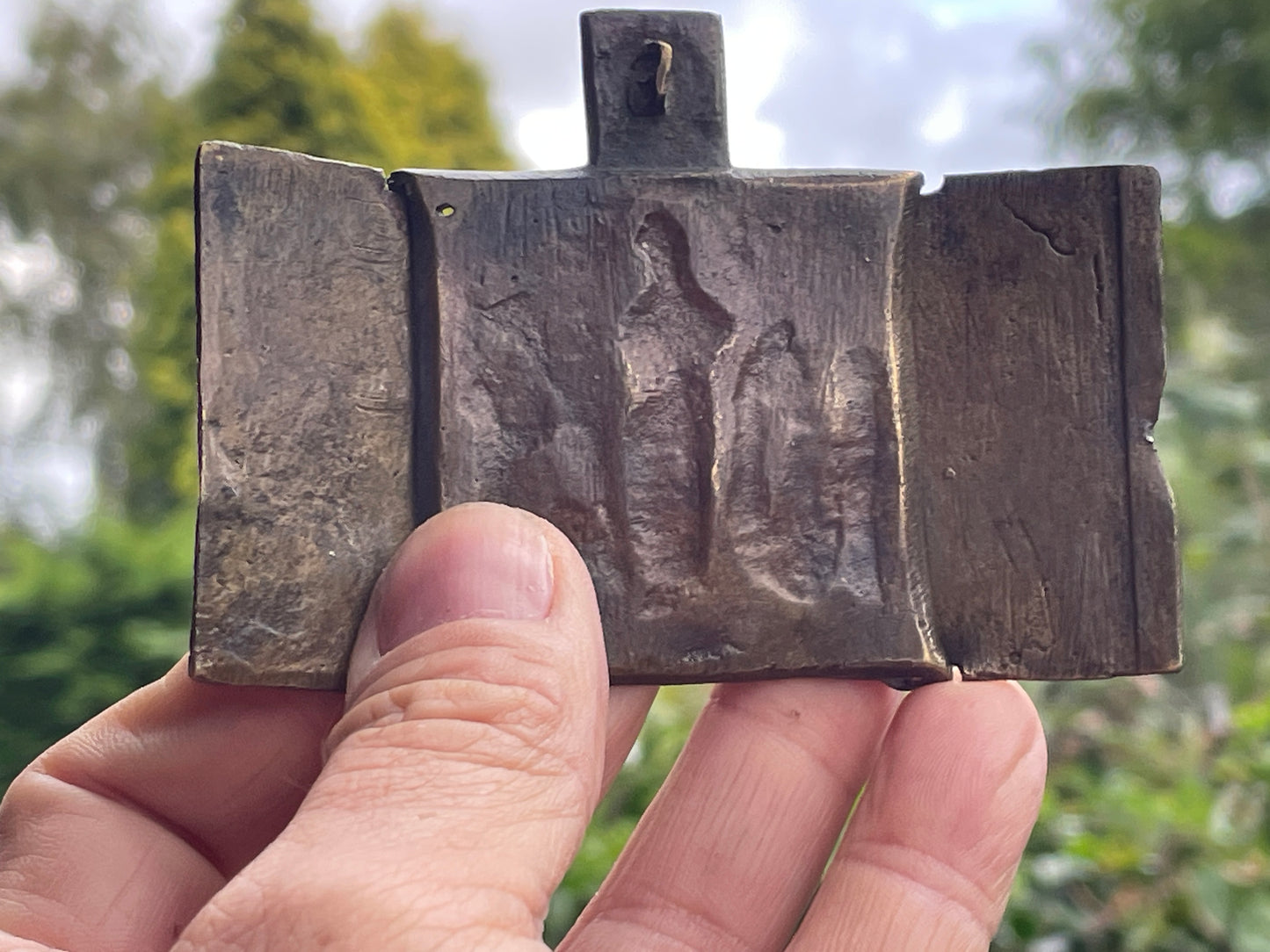 Antique hand forged religious Jesus tryptic brass icon