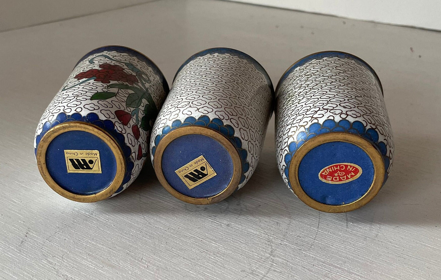 Three Small Vintage Cloisonne Cylinder Vases With Pretty Floral Designs 8cm Tall