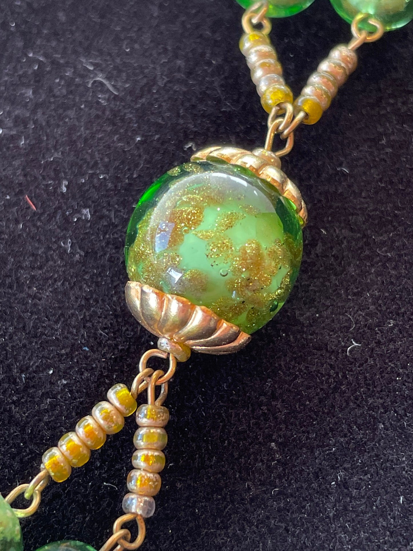 A mid Century Gilt Metal and Murano Glass Bead Set Necklace, 74cm.