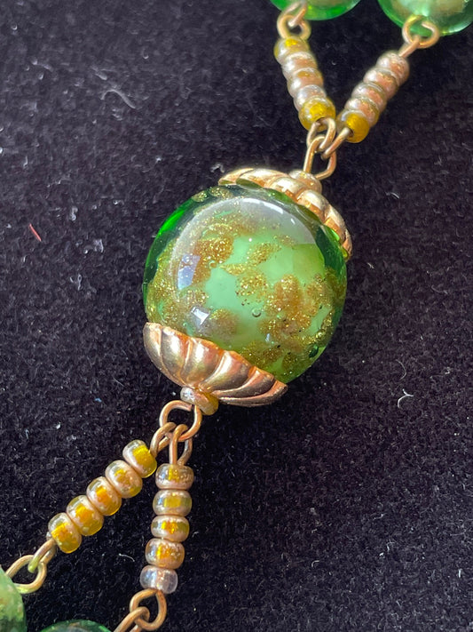 Late 20th-C Murano-style Green & Gold Foil Art Glass Bead Necklace, 74cm – Gilt Metal Caps, Venetian Lampwork Vintage