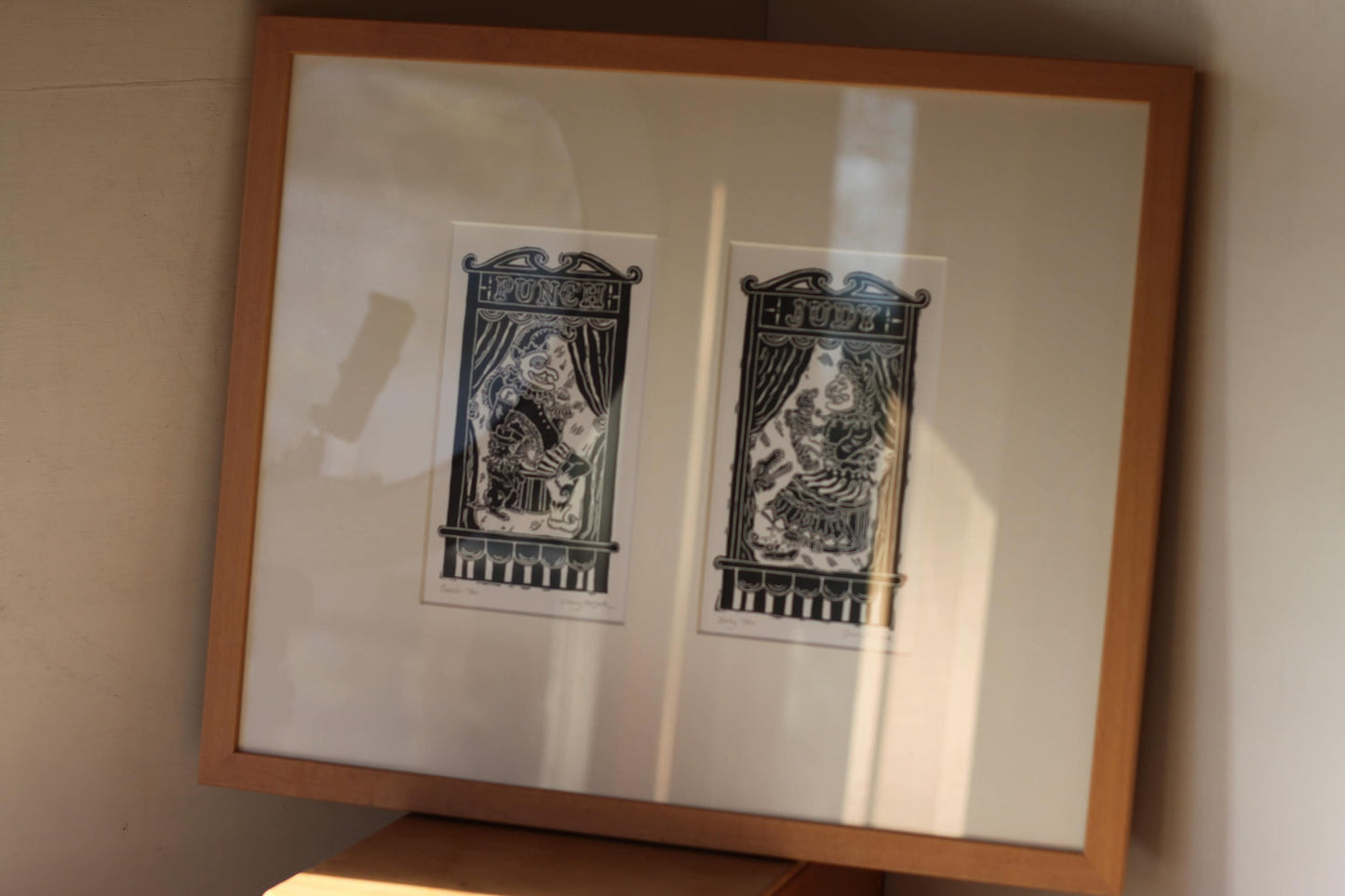 Jenny Portlock Original - Punch & Judy, Pair of Pencil Signed Linocut Prints, Limited Edition 17/50, Mounted as One - Frame 49x41cm